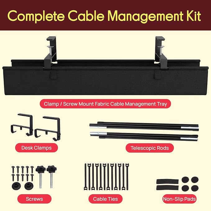 Pyle 36" Under Desk Cable Management Tray, Under Desk Wire Organizer with Clamp or Screw Mount, Desk Cable Organizer with Fabric Design for Large Workstations, Built-in Ties, 20 lb Capacity, Black