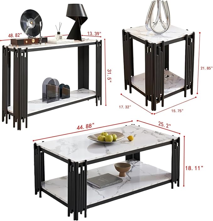 White Marble Coffee Table Set - 3 Piece Living Room Set with Black Chrome Metal I-Base