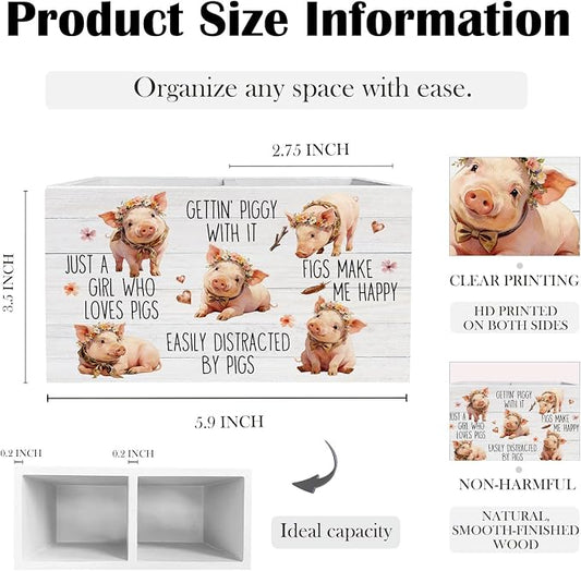 Funny Rustic Floral Pig Pen Holder for Desk, Pig Lover Gifts for Women Wooden Box Sign Desk Decor for Home Office Decoration, Rustic Farmhouse Animal Pencil Organizer