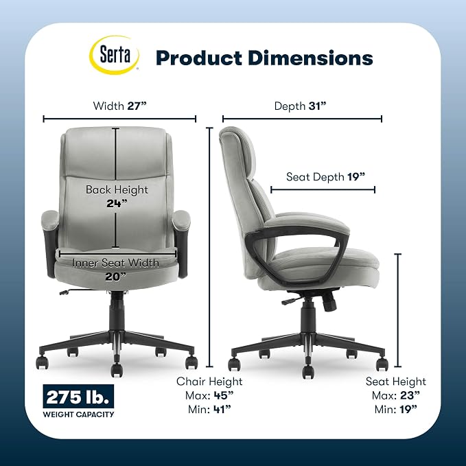 Serta Comfort Ergo Executive Office Chair, Ergonomic Mid-Back Design with Lumbar Support, Semi-Plush Double-Layer Seat Cushion, Padded Armrests, Swivel Metal Base, Soft Velvet, Gray