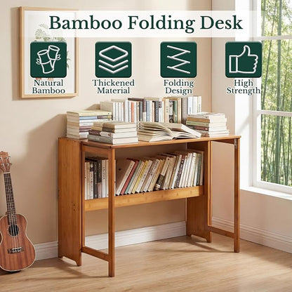 41'' Bamboo Folding Desk with Bookshelf, Space-Saving Computer Desk, Mid Century Modern Foldable Study Table for Home Office, Bedroom, Small Spaces - Brown