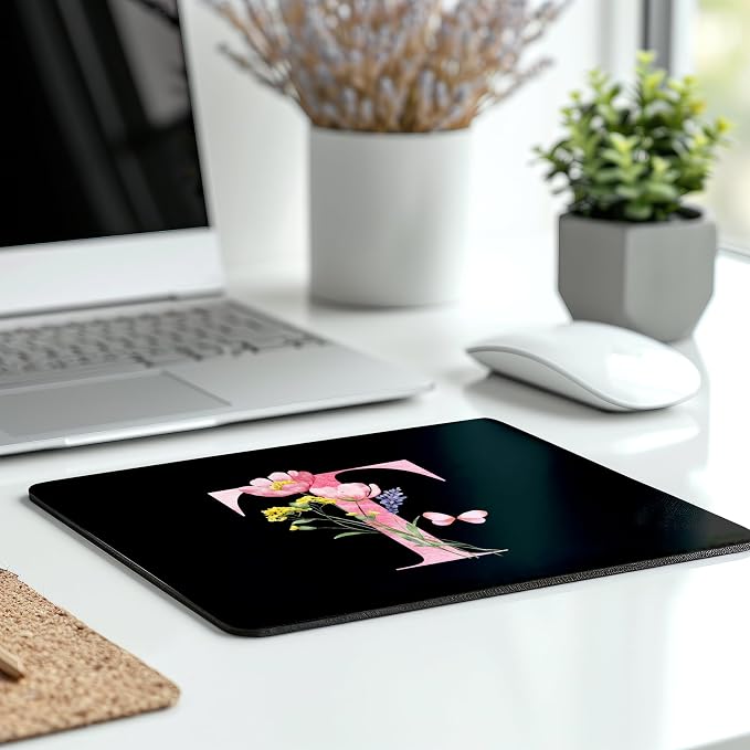 Mouse Pad Pinks Flowers Initial Letters Mousepad Desktop Laptop Computer Accessories Home Office Gaming Work Desk Computer Non-Slip Rubber Monogram Floral Alphabet A-Z mousepad (T)