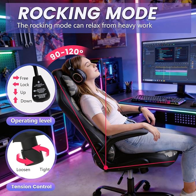 PC Gaming Chair Ergonomic Office Chair Desk Chair PU Leather Racing Chair Executive Swivel Rolling Computer Chair with Lumbar Support Flip Up Arms Headrest for Adults,Camo