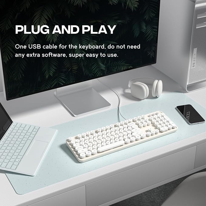 MOWUX Computer Keyboard Wired, Plug and Play USB Retro Round Typewriter Keyboard, Full Size Wired Keyboard with Foldable Stands for Laptop and Office PC- White
