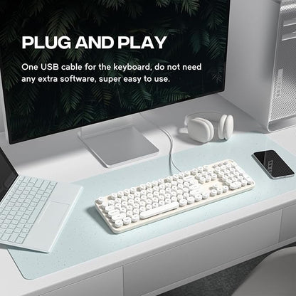 MOWUX Computer Keyboard Wired, Plug and Play USB Retro Round Typewriter Keyboard, Full Size Wired Keyboard with Foldable Stands for Laptop and Office PC- White