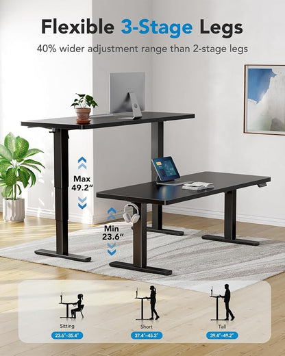 HUANUO 70x30 Inch 3-Stage Legs Electric Standing Desk, Large Height Adjustable Office Desk with Brushless Motor, Stand Up Desk with 4 Memory Presets & 2 Hooks, Computer Desk for Home Office, Black