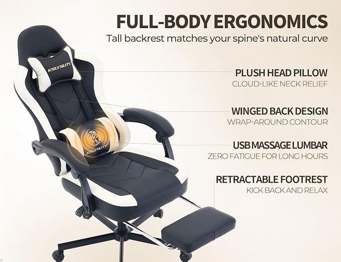 Office Desk Computer Gaming Chair for Adults, Ergonomic High Back Gamer Chair with Massage and Pocket Spring Cushion, Swivel Comfy Video Game Chairs with Footrest and Lumbar Support (Black White)