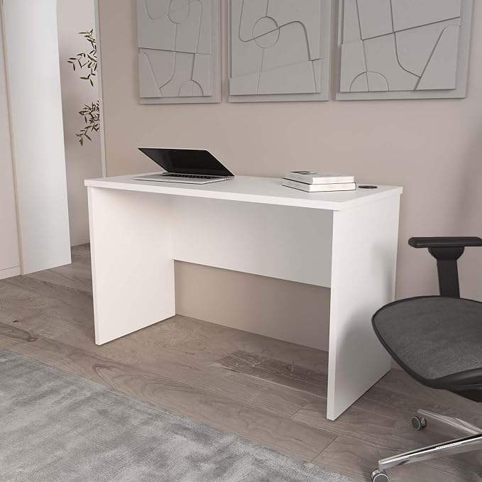 White Minimalist Desk - Home Office Computer Workstation with Cable Management