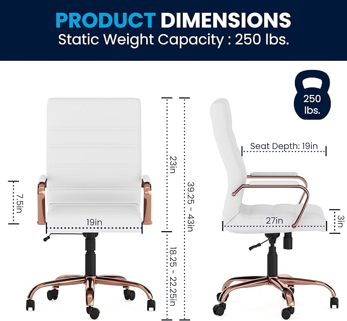 Merrick Lane Milano Contemporary High-Back White Faux Leather Home Office Chair with Padded Rose Gold Arms