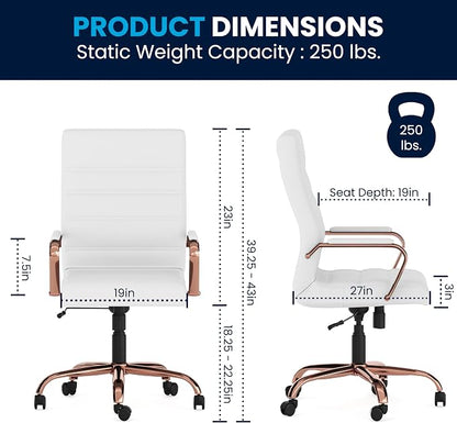 Merrick Lane Milano Contemporary High-Back White Faux Leather Home Office Chair with Padded Rose Gold Arms
