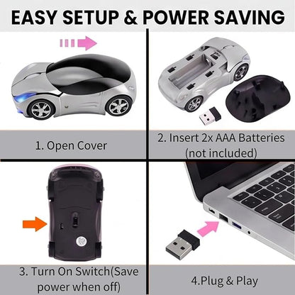 Silver Wireless Car Mouse, 2.4G with USB Receiver, 1600DPI Optical, Ergonomic Mini Computer Mouse, for Laptop, PC, Tablet, Windows, Mac OS