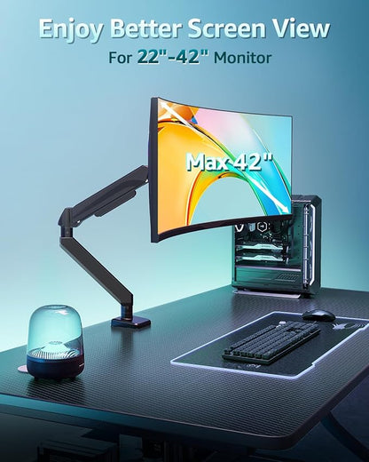 Heavy Duty Single Monitor Arm for Max 42 Inch Screens, Monitor Mount for Desk Supports 4.4-33 lbs, Height Adjustable Ultrawide Monitors Stand with C-Clamp & Grommet Base, VESA Mount 70/100