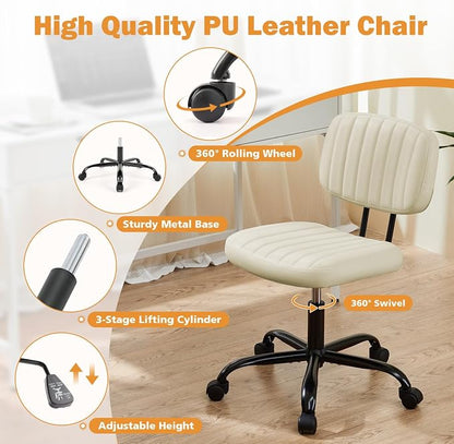 Sweetcrispy Small Office Desk Chair, Armless PU Leather with Comfy Lumbar Support, Height Adjustable Rolling Swivel Task for No Arms, for Adult, Student, Bedroom, Home, Vanity, Beige White