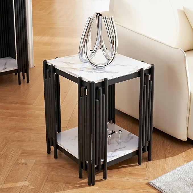White Marble Coffee Table Set - 3 Piece Living Room Set with Black Chrome Metal I-Base