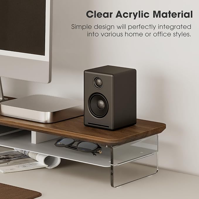 Fenge Acrylic Monitor Stand, 42.5 Inch Clear Dual Monitor Riser with Metal Storage, 2 Tier Computer Riser with LED Lights for Desk, Laptop, Printer, TV