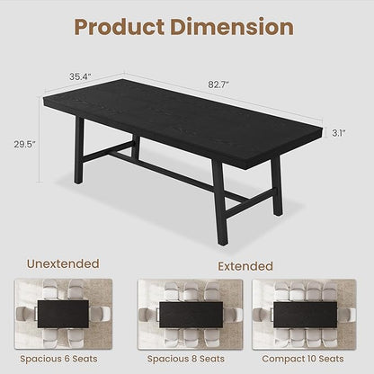 GarveeHome 63-83" Extendable Dining Table, Industrial Rectangular Dining Room Table for 6-8 People, Expandable Kitchen Table with Heavy Duty Metal Frame for Dining Room, Kitchen & Parties, Black