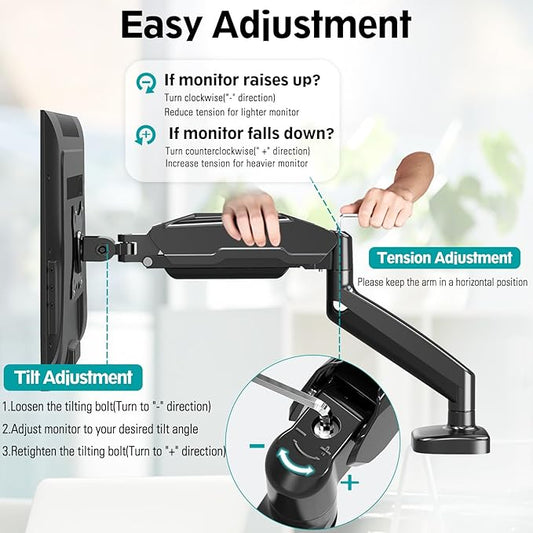 MOUNT PRO Single Monitor Desk Mount - Articulating Gas Spring Arm, Removable VESA Monitor Mount Computer Monitor Stand with Clamp and Grommet Base Fits 13 to 32 Inch Screen, VESA 75x75, 100x100, Black