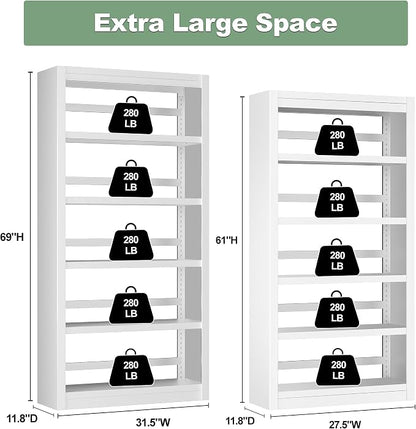 OSEILLC Metal Bookshelf, 5-Tier Bookcase, Modern Bookshelves with Adjustable Shelves, White Bookshelf for Home Office, Living Room, Garage, Small Space Living