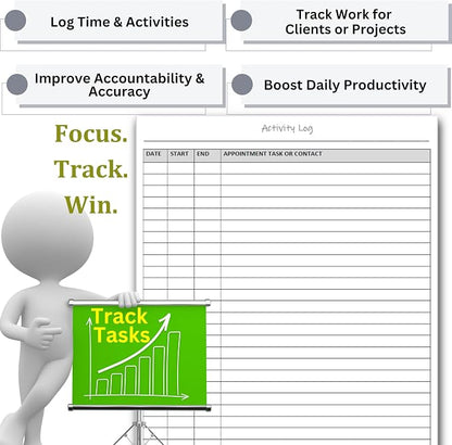 Life Charge Activity Log Notepad for Work, Daily Time Tracking Log Book with Task & Notes, 60 Pages, 8.5 x 11 Letter, Portrait
