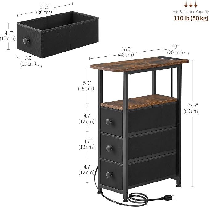 DALEMHOME Narrow End Table with Charging Station, Narrow Side Table with Drawer, Small Nightstand with LED Light, Skinny Nightstand, Small Bedside Table for Living Room, Bedroom, Couch, Rustic Brown