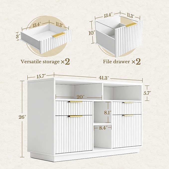 4 Drawer File Cabinet, Fluted Wood Lateral Filing Cabinet with Lock and Charging Station for Home Office, Printer Stand with Open Storage Shelves, Fits A4, Letter Size Files, White