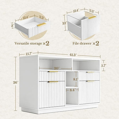 4 Drawer File Cabinet, Fluted Wood Lateral Filing Cabinet with Lock and Charging Station for Home Office, Printer Stand with Open Storage Shelves, Fits A4, Letter Size Files, White