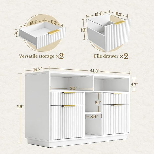 4 Drawer File Cabinet, Fluted Wood Lateral Filing Cabinet with Lock and Charging Station for Home Office, Printer Stand with Open Storage Shelves, Fits A4, Letter Size Files, White