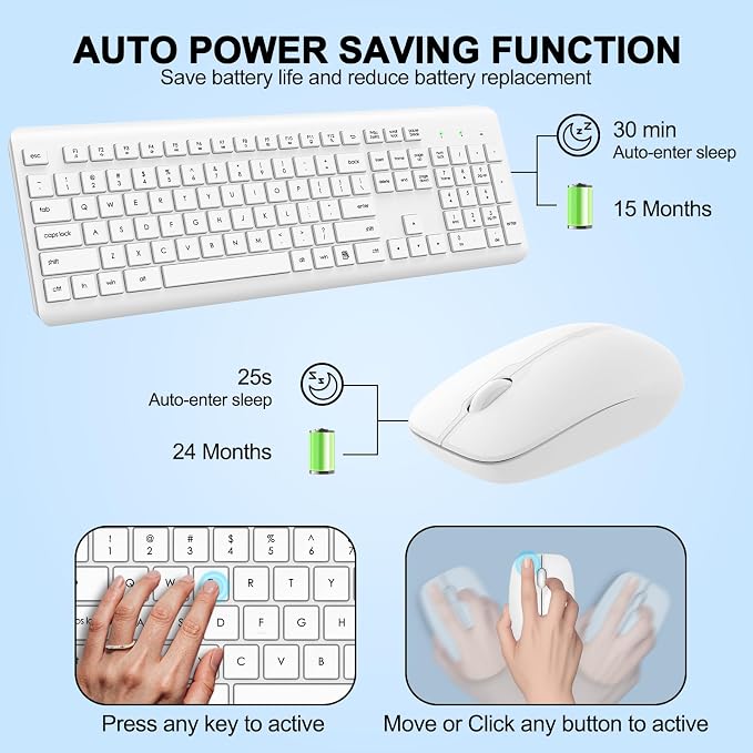 Wireless Keyboard and Mouse Combo, Full Size Silent Ergonomic Keyboard and Mouse, Long Battery Life, Optical Mouse, 2.4G Lag-Free Cordless Mice Keyboard for Computer, Mac, Laptop, PC, Windows(White)