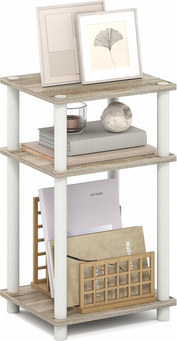 Furinno Turn-N-Tube Side Table, 3-Tier End Table with Open Shelf, Toolless Assembly Night Stand, Bedside Table, for Living Room, Bedroom, Light Oak