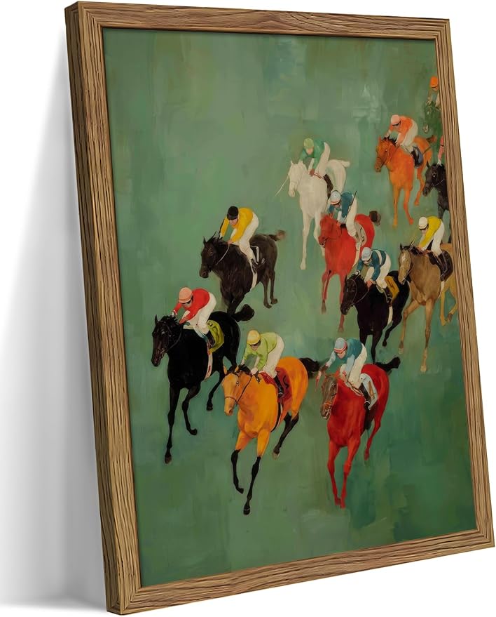 Framed Vintage Abstract Wall Art, Retro Horse Racing Scene Poster Prints, Modern Classic Equestrian Canvas Artwork, Energetic Vibrant Sports Wall Decor for Living Room Office Game Room 12x16in