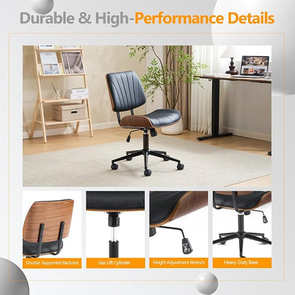 VINGLI Wide Curved Seat&Back Armless Home Office Chair,Ergoromic Adjustable-Height Desk Chair,Swivel&Tilting Function,Stylish Walnut Task Chair for Meeing Room,Dining Room,PU, Black