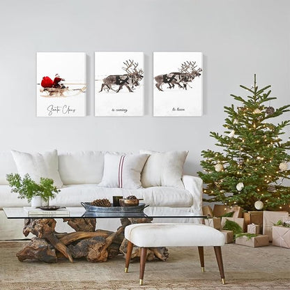 Framed Christmas Wall Art Set of 3,Santa Claus with Sleigh Canvas Art Prints,Christmas Wall Decor Living Room,Vintage Christmas Decor Santa Claus is Coming to Town Winter Wall Art Xmas Sign for Home Bedroom Bathroom Decoration,12"x16"