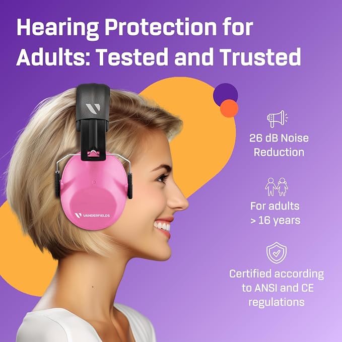 Vanderfields - Hearing Protection Ear Muffs - Over 31 dB (2K Hz) Broad Noise Cancelling Sound Reduction - Adults & Teens