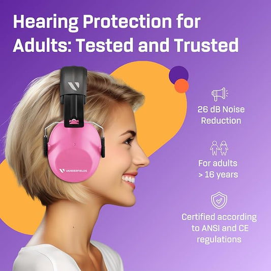 Vanderfields - Hearing Protection Ear Muffs - Over 31 dB (2K Hz) Broad Noise Cancelling Sound Reduction - Adults & Teens