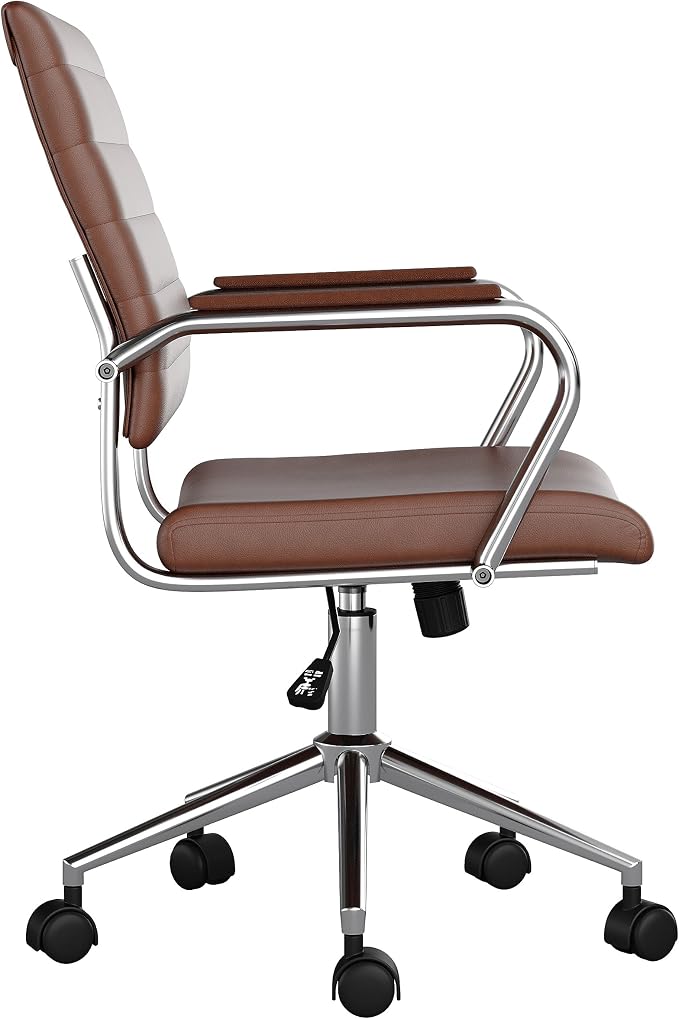 Martha Stewart Piper Swivel Task Chair with Armrests for Home Office in Saddle Brown Faux Leather with Polished Nickel Frame
