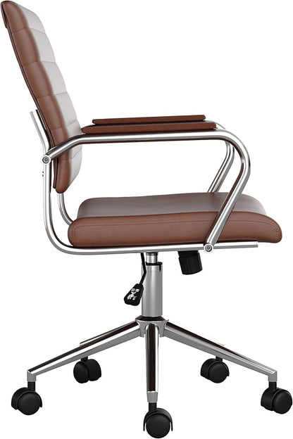 Martha Stewart Piper Swivel Task Chair with Armrests for Home Office in Saddle Brown Faux Leather with Polished Nickel Frame