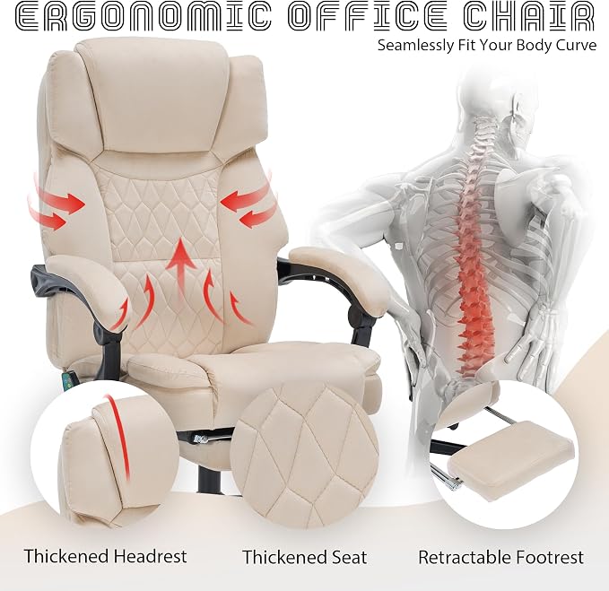 Massage Office Chair with Foot Rest 6 Points Vibration and Heat Home Office Desk Chairs for Heavy People 400lbs Reclining Managerial Chairs Ergonomic Executive Chair (Beige)