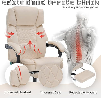 Massage Office Chair with Foot Rest 6 Points Vibration and Heat Home Office Desk Chairs for Heavy People 400lbs Reclining Managerial Chairs Ergonomic Executive Chair (Beige)