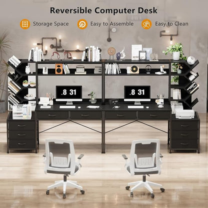 YOMILUVE Reversible Computer Desk with Hutch, Home Office Desk with 5 Drawers and Bookshelf, 52'' Study Writing Desk with Storage Shelves for Bedroom Home Office, Black