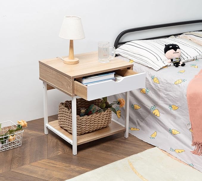 JJS Side End Table, Nightstand, Bedside Table with Drawer and Storage Shelves, Sofa Table for Living Room, Bedroom, Accent Furniture, Easy Assembly, Oak/White