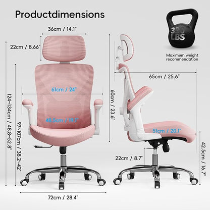 Ergalithic Office Home Ergonomic Desk Chair-Computer X-Shaped Chair Mesh PU Leather with Adjustable Lumbar Support-Executive Chair High Back with Headrest Flip-Up Arms for Long Hours (Dark Pink)