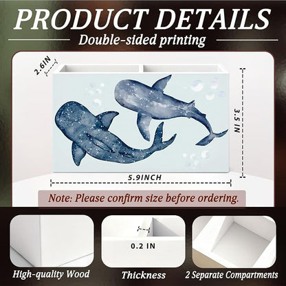 Whale Shark Beach Pen Pencil Holder for Desk Blue Whale Shark Gifts，Coastal Ocean Marine Biology Wooden Box Sign Decorations for Home Office Desk Tabletop，Beach Office Decor,