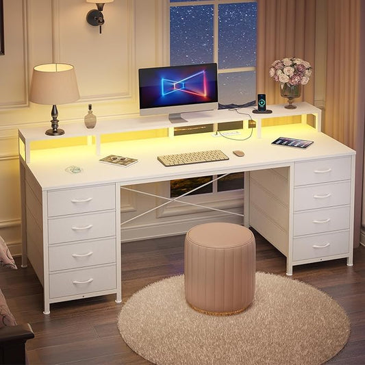 YOMILUVE 60 Inch Computer Desk with 8 Fabric Drawers, Gaming Desk with LED Lights & Power Outlets, Home Office Desk with Monitor Stand, White