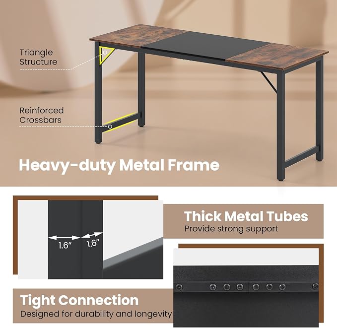 Giantex 63 Inch Computer Desk, Modern Simple Office Desk with Triangle Structure Metal Frame, Computer Workstations for Home Office, Study, Conference Room, Rustic Brown and Black