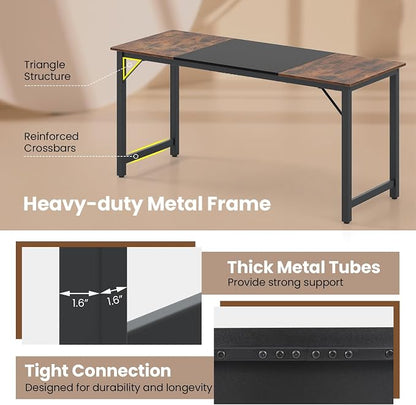 Giantex 63 Inch Computer Desk, Modern Simple Office Desk with Triangle Structure Metal Frame, Computer Workstations for Home Office, Study, Conference Room, Rustic Brown and Black