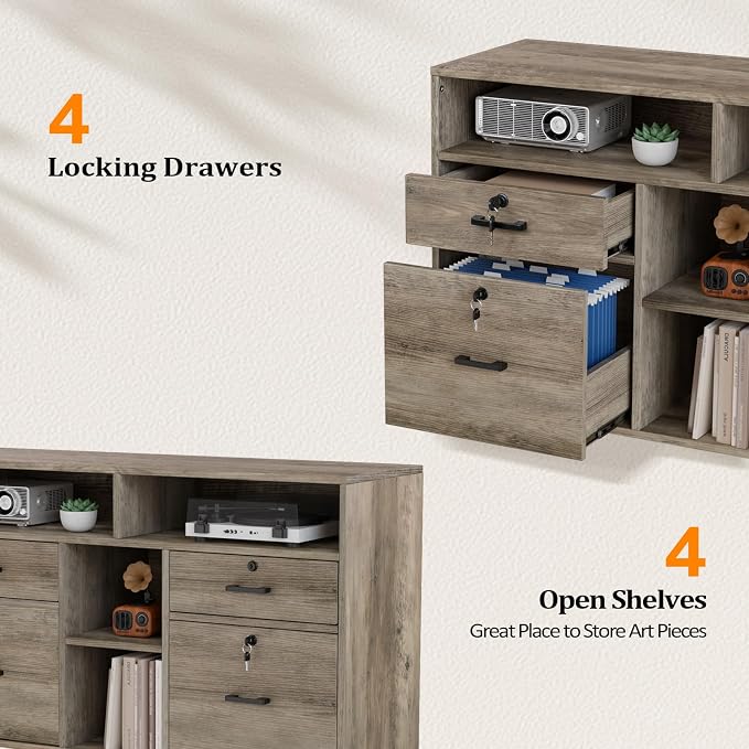 VINGLI Wide 4 Drawer File Cabinet with Lock, Rustic Grey Rolling File Cabinet with Open Shelves, Lockable Printer Stand, Letter Sized