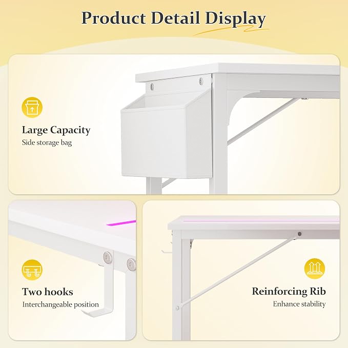 DurayLoly 32" Computer Desk with Waterproof LED Lights,Bedroom Study Desk for Teens, Dorm Room Essentials,Headphone Hook&Storage Bag for Small Spaces,Sturdy Metal Frame,White