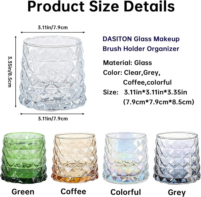 DASITON Glass Makeup Brush Holder Organizer, Diamond Pattern Cosmetic Storage Cup, Makeup Organizer for Vanity, Bathroom Countertop Toothbrush Holder, Desk Pen Pencil Holder (Clear)