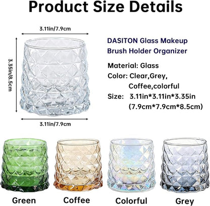 DASITON Glass Makeup Brush Holder Organizer, Diamond Pattern Cosmetic Storage Cup, Makeup Organizer for Vanity, Bathroom Countertop Toothbrush Holder, Desk Pen Pencil Holder (Clear)