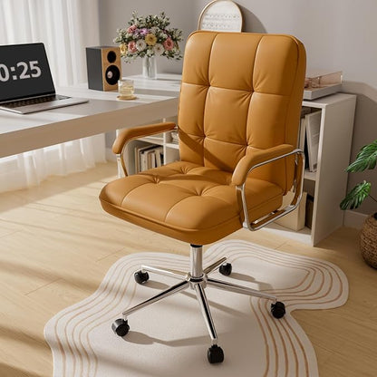 HomeZeer Brown Office Chair, Mid Back Leather Desk Chair with Wheels and Padded Arms, Swivel Vanity Chair for Bedroom, Computer Chair for Study and Work